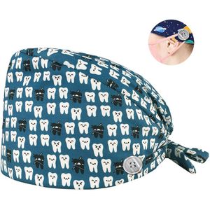 Tand Afdrukken Scrubs Hoeden Pet Grooming Werk Caps Tieback Scrubs Caps Met Knoppen Katoen Schoonheidsspecialiste Werk Caps Zweet-Absorberende