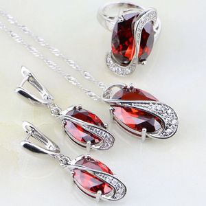 Trendy Ei Vormige 925 Sterling Zilveren Sieraden Sets Rode Granaat Zirkoon Wit CZ Voor Vrouwen Wedding Earring/Hanger/ ketting/Ring