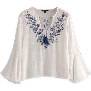 Aelegantmis Zomer Vrouwen Losse Tops Casual Vintage Bloemen Borduren Vlinder Lange Mouw Blouse Dames V-hals Shirt Top