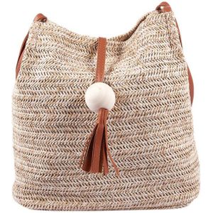 Bali Vintage Handgemaakte Crossbody Lederen Tas Ronde Stro Strandtas Meisjes Cirkel Rotan Tas Kleine Bohemian Schoudertas (Bruin)