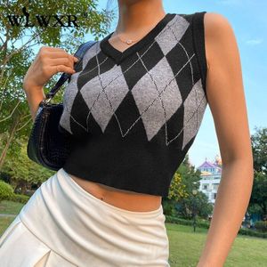 Wlwxr Y2K Vrouw Crop Truien Vest Kintted V-hals Argyle Truien Vrouwelijke Goth Winter Knit Cropped Truien Dames Top Streetwear