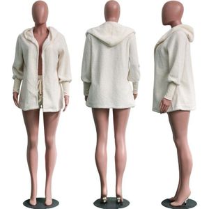 Vrouwen Fleece Pluche Casual Drie Delige Set Lange Mouw Capuchon Vest Jas Herfst Winter Uitloper + Shorts Mode Outfits + vest