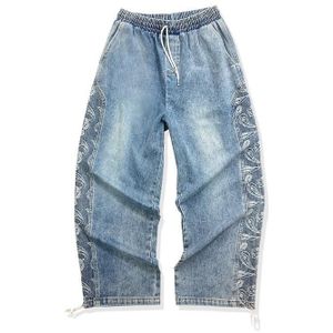 Jeans Mannen High Street Losse Amerikaanse Vintage Elastische Taille Rechte Broek Cashew Bloem Hiphop Wijde Benen Joggers
