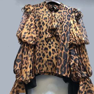 Chicever Vintage Luipaard Print Chiffon Blouse Vrouwen Lace Up Bladerdeeg Lange Mouwen Koreaanse Shirt Tops Vrouwelijke Mode Herfst