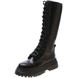 Vrouwen Motorlaarzen Wiggen Platte Schoenen Vrouw Hoge Hak Platform Pu Lederen Laarzen Lace Up Vrouwen Schoenen Zwarte Laarzen Meisjes