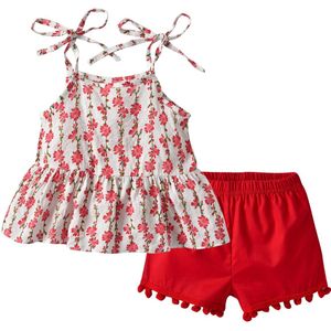 Multi Stijl Peuter Kid Baby Girl Outfit Bloem Top + Rode Broek Broek Kleding Set Maat 2-7 T
