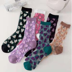 Zomer Vrouw Sokken Japanse Stijl Zoete Crytal Glas Zijden Sokken Hart Print Ultra-Dunne Transparante Meisjes Kawaii Leuke Lange sokken