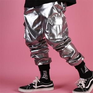 Mannen Casual Lederen Harem Broek Mannelijke Streetwear Hip Hop Punk Zilver Multi Pocket Cargo Broek Stadium Kleren DJ Zanger broek