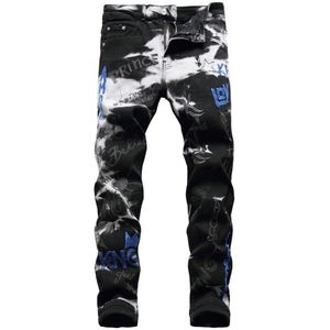 Mannen Letters Borduren Zwarte Stretch Denim Jeans Geborduurde Potlood Broek Broek