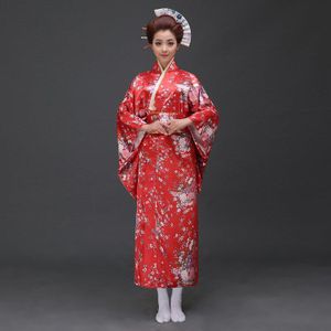 Blauw Traditionele Vrouwen Zijde Satijn Kimono Yukata Met Obi Prestaties Dans Jurk Japanse Cosplay Kostuum Bloem One Size 715-17