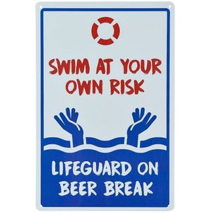 Zwembad Sign-Geen Badmeester Op Duty Zwemmen Op Eigen Risico Teken 12X10 Rood, blauw Op Wit Roest Gratis Metalen Bord