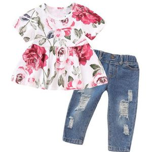 Baby Meisje Kleding 2 STUKS Ruche Outfits Korte Mouw Bloemen Shirt Tops + Denim Broek Gescheurde Jeans voor Meisjes 2 stks/set T-shirt Set