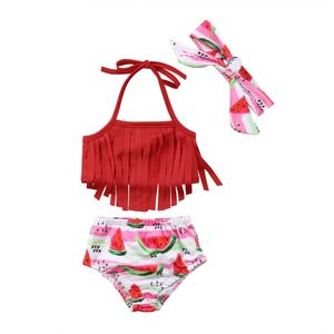 Zomer Pasgeboren Baby Meisje Badpak Kwastje Riem Tops Hoge Taille Watermeloen Bodem Hoofdband 3 PCS Bikini Set Badpak