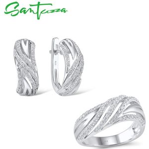 Santuzza Sieraden Set Voor Vrouwen Pure 925 Sterling Zilver Sparkling Wit Zirconia Ring Oorbellen Set Eenvoudige Sieraden