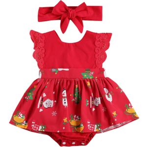 Ma & Baby 0-24M Kerst Pasgeboren Baby Baby Meisjes Romper Red Lace V-hals Jumpsuit Cartoon Mouwloze xmas Baby Kleding