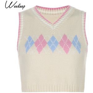 Weekeep Argyle Gebreide Trui Vest Vrouwen Preppy Stijl Plaid Streetwear Preppy Stijl Y2K Patchwork Mouwloos Knitwear Tank Tops