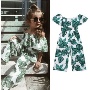 Zomer Schattige Baby Meisje Off Shoulder Printing Green Leaf Prinses Overalls Kleding Outfits