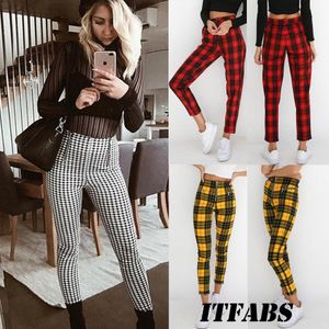 Dames Vrouwen Casual Rits Plaid Enkellange Broek Vrouwen Hoge Taille Stretch Skinny Potlood Broek