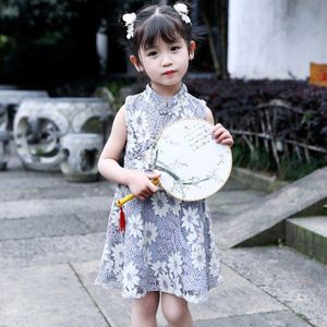 Traditionele Chinese Cheongsam Jurk Zomer Kant Mouwloze Kids Hanfu Jurk Qipao Tang Pak Voor Kinderen Kids SL1028