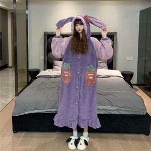 Winter Sweety Nachtjapon Jurk Kawaii Konijn Oor Boog Hooded Coral Fleece Dikker Warm Houden Volledige Mouw Enkele Breasted Pyjama