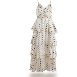 Boho Geïnspireerd Tiered Trekkoord Maxi Jurk Ruffle Hals Jurk Voor Vrouwen Knoppen Polka Dot Shiny Lurex Strepen Zomerjurk