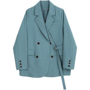 [Eam] Vrouwen Blauwe Knop Lint Big Size Blazer Revers Lange Mouwen Losse Fit Jas Mode Tij Voorjaar herfst 1Z681