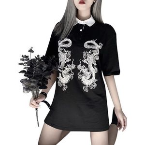 Gothic Vintage Draak Vrouwelijke T-Shrit Harajuku Vrouwen Meisje Dier Afdrukken Turn Down Kraag Half Mouw Losgemaakt Zwart tops