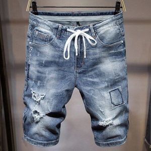 Zomer Heren Shorts Casual Hole Ripped Stretch Korte Broek Blauw Losse Fit Pocket Rits Lichtgewicht Jeans Shorts Mannen