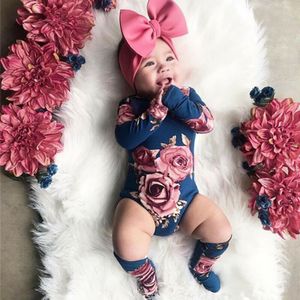 0-24M Pasgeboren Baby Meisje Kleding Herfst Lange Mouw Bloemen Romper Jumpsuit + Warm Been Sokken Outfit Baby kleding