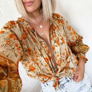 Boho Geïnspireerd Geel Bloemen Lange Mouw Blouse Vrouwen Kwastje Gebonden V-hals Losse Boho Blouse Voor Vrouwen Zomer Blouses Tops