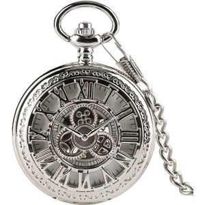 Fob Mechanische Hand Wind Pocket Horloges Met Ketting Ketting Hollow Crown Pointers Romeinse Cijfers Zilveren Horloge Elegante Klok