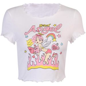 Allneon Y2K E-Meisje Angel Grafische En Brief Print Ruches Zoom Leuke Crop Tops Kawaii O-hals Vlinder Mouw Wit t-shirt 90S