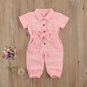 Zomer Meisjes Roze Korte Mouwen Denim Jumpsuit Riem Siamese Broek Mode Leggings Broek Revers Kids Kinderkleding