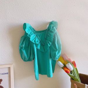 Zomer Meisjes Blouse Baby Shirt Kinderen Blouse Kinderen Mode Kleding Ins V Kant Vliegende Bladerdeeg Mouw Katoen 2-7Y
