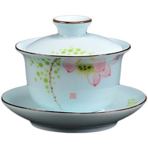 140 ml Boutique Longquan Celadon Gaiwan Theewaar Handgeschilderde Lotus Theekopje Thee Terrine Keramiek Master Cup Thuis Drinkware Theewaar