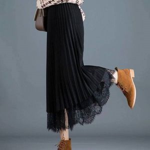 Zomer Kant Tule Fluwelen Rok Vrouwen Mode Lente Elegante Lange Rok Zwarte Vrouwelijke Hoge Taille Geplooide Maxi Rok p380