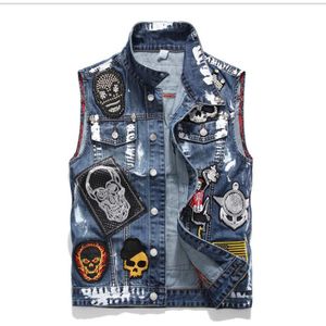 Punk Style Mens Kralen Patchwork Slim Fit Mouwloze Jassen Casual Schedel Borduurwerk Jeans Vesten Casual Print Vest J3010