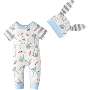 Pasen Peuter Jongens Gestreepte Patchwork Jumpsuit Lange/Korte Mouw Konijn Print Romper + Cartoon Hoed