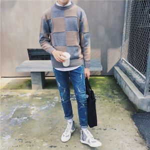 Herfst Winter Patchwork Truien Mannen Casual Losse Grote Plaid Trui Knappe Tiener Stiksels Jumper Plus Size