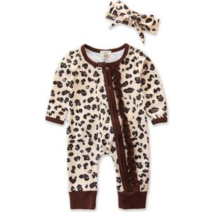 Pasgeboren Baby Meisje Jongen Rompertjes 0-24M Ruffle Lange Mouwen Rits Leopard Jumpsuit Speelpakjes Kleding Set