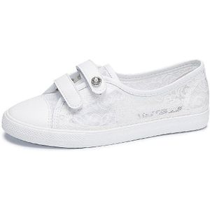 Witte Schoenen Vrouw Zomer Vrouwelijke Ademend Platte Zolen Canvas Schoenen Effen Kleur Kant Ondiepe Dames Casual Schoenen