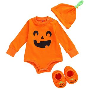3 Stuks Peuter Halloween Pak Oranje O-hals Lange Mouwen Rompertjes + Pompoen Ghost Slip-On Schoenen + hoed Voor Baby Jongen Meisje 0-18M
