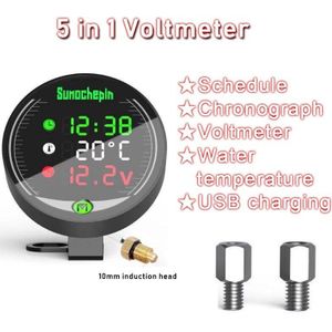 5 In1 Motorfiets Voltmeter Gauge Motorfiets Water Temperatuur Meter + Tijd + 12V + Chronometer + Usb Opladen Led display 12V Klok