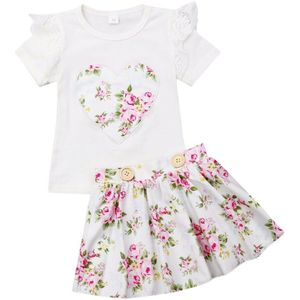 Pasgeboren Baby Kids Baby Meisjes Kleding Sets 0-24M Bloemen Print Ruches Mouwen T Shirts Tops + A-lijn rokken