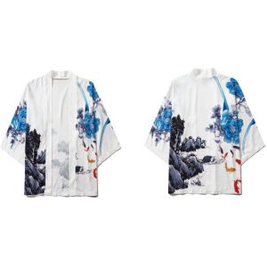 Gonthwid Pioen Bloemen Karper Koi Vis Print Japanse Kimono Vest Tops Heren Casual Open Voorzijde Jassen Streetwear