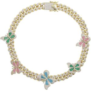 Multicolor Enamel Cz Vlinder Ketting 12Mm Iced Out Bling Cz Miami Cubaanse Link Chain Vlinder Choker Hip Hop vrouwen Sieraden