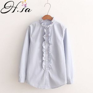 H. SA Lente Womens tops en blouses Stand Hals Kant Blusas Blauw en Wit Meisjes Katoenen Shirts Lange Mouw roupa feminina