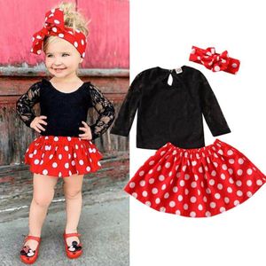 0-4Y Peuter Baby Kid Meisjes Kleding Set Black Lace Lange Mouwen Tops + Red Dot Rok Outfit Herfst Lente Meisjes kostuums