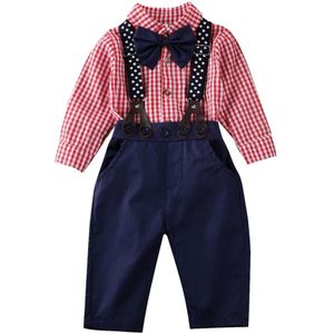 Baby Lente Herfst Kleding 2 Stks/set Kinderen Jongen Gentleman Formele Kleding Plaid Strik T-shirt Top + Algehele Lange Outfit