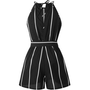 Sexy Zwarte Elegante Vintage Playsuit Vrouwen Streep Printing Off Shoulder Korte Mouwloze Kantoor Dagelijks Rompertjes Korte Jumpsuit # Ss